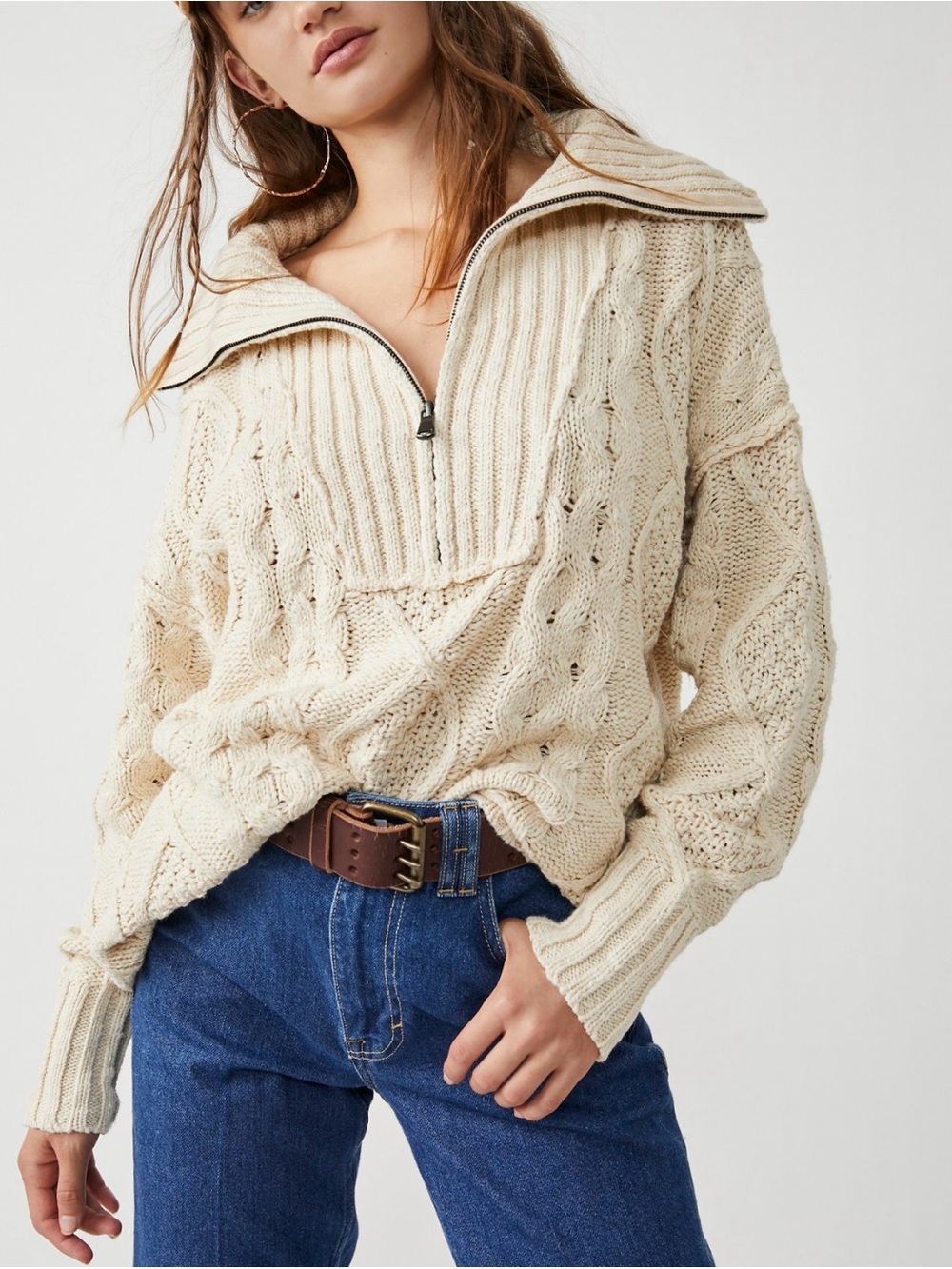 Free People Cream Cable Knit Half-Zip Pullover